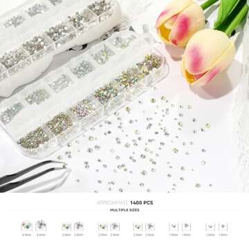 UNA GELLA Nail Art Rhinestone Glue Gel& 2000+Pcs Flatback Nail Gems Charms Accessories Kit 15g Nail Rhinestone Gel Glue(UV/LED Needed) Flat-back Round Crystal Gemstones with Pickup Pencil And Tweezer