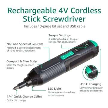 Amazon Basics by SKIL 4V Cordless Stick Screwdriver with 10-Piece Bit Set and USB Cable(Previously Denali brand)