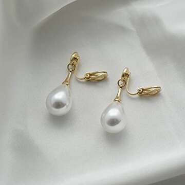 Big Teardrop Pearl Pendant Clip Earrings Drop Clip-on Earrings for Women Gold Plated White Imitation Pearl Non-Pierced Earrings