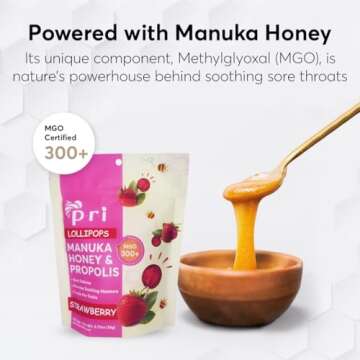 P.R.I Manuka Honey Lollipops with Propolis, Certified MGO 300+ - Throat Soothing, Strawberry Flavor, (24 Lollipops, 5.46oz)