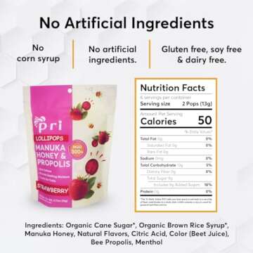 P.R.I Manuka Honey Lollipops with Propolis, Certified MGO 300+ - Throat Soothing, Strawberry Flavor, (24 Lollipops, 5.46oz)