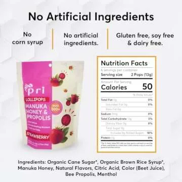 P.R.I Manuka Honey Lollipops with Propolis, Certified MGO 300+ - Throat Soothing, Strawberry Flavor, (24 Lollipops, 5.46oz)