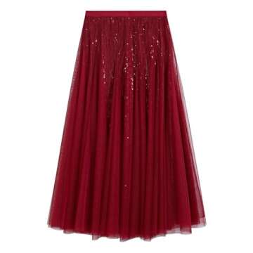 CHICWISH Sequins Tulle Skirts Elastic Waist Mesh Midi Holiday Flowy Layered Red Skirt