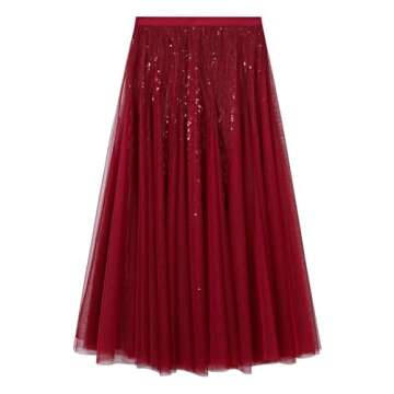 CHICWISH Sequins Tulle Skirts Elastic Waist Mesh Midi Holiday Flowy Layered Red Skirt