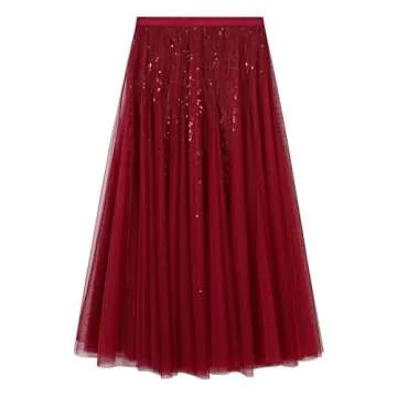 CHICWISH Sequins Tulle Skirts Elastic Waist Mesh Midi Holiday Flowy Layered Red Skirt