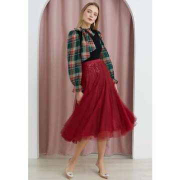 CHICWISH Sequins Tulle Skirts Elastic Waist Mesh Midi Holiday Flowy Layered Red Skirt