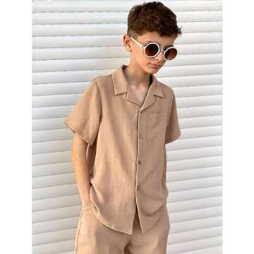 Arshiner Boy 2 Piece Outfit Short Sleeve Button Down Shirt and Shorts Set Summer Beachwear Khaki 10-...