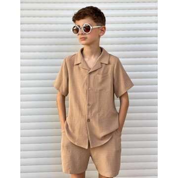 Arshiner Boy 2 Piece Outfit Short Sleeve Button Down Shirt and Shorts Set Summer Beachwear Khaki 10-11 Years