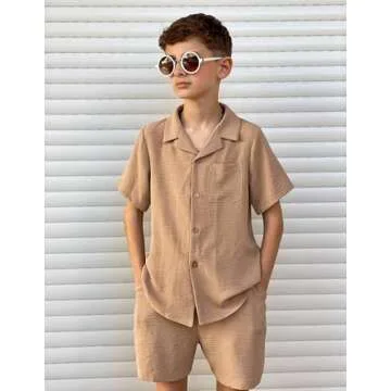 Arshiner Boy 2 Piece Outfit Short Sleeve Button Down Shirt and Shorts Set Summer Beachwear Khaki 10-11 Years
