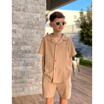 Arshiner Boy 2 Piece Outfit Short Sleeve Button Down Shirt and Shorts Set Summer Beachwear Khaki 10-11 Years