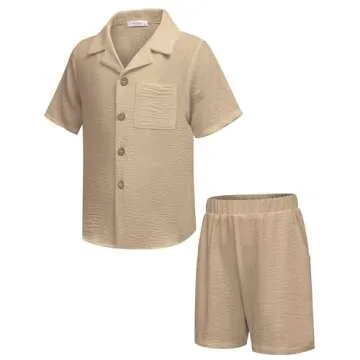 Arshiner Boy 2 Piece Outfit Short Sleeve Button Down Shirt and Shorts Set Summer Beachwear Khaki 10-11 Years