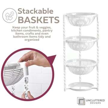 Uncluttered Designs Stacking Basket Bins - Display for Fruit, Vegetable & Produce - Crafts, Art Supplies & Housewares Organizer - Bedroom & Bathroom Organization & Storage (White, 3 Tier + Plate)