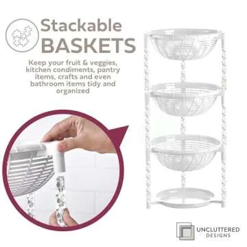 Uncluttered Designs Stacking Basket Bins - Display for Fruit, Vegetable & Produce - Crafts, Art Supplies & Housewares Organizer - Bedroom & Bathroom Organization & Storage (White, 3 Tier + Plate)