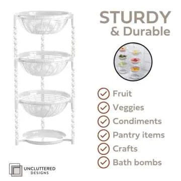 Uncluttered Designs Stacking Basket Bins - Display for Fruit, Vegetable & Produce - Crafts, Art Supplies & Housewares Organizer - Bedroom & Bathroom Organization & Storage (White, 3 Tier + Plate)