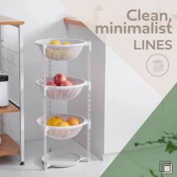 Uncluttered Designs Stacking Basket Bins - Display for Fruit, Vegetable & Produce - Crafts, Art Supplies & Housewares Organizer - Bedroom & Bathroom Organization & Storage (White, 3 Tier + Plate)