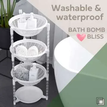 Uncluttered Designs Stacking Basket Bins - Display for Fruit, Vegetable & Produce - Crafts, Art Supplies & Housewares Organizer - Bedroom & Bathroom Organization & Storage (White, 3 Tier + Plate)