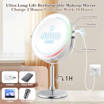 9" Large 5000mAh Rechargeable Lighted Makeup Mirror Nickel, 2-Sided 1X/10X HD Undistorted Magnifying Mirror with 3 Color Lights Dimmable, 360° Swivel Seamless Cordless Travel Vanity Mirror -Detachable