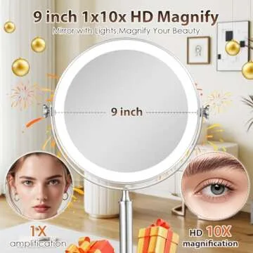 9" Large 5000mAh Rechargeable Lighted Makeup Mirror Nickel, 2-Sided 1X/10X HD Undistorted Magnifying Mirror with 3 Color Lights Dimmable, 360° Swivel Seamless Cordless Travel Vanity Mirror -Detachable