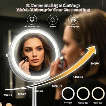 9" Large 5000mAh Rechargeable Lighted Makeup Mirror Nickel, 2-Sided 1X/10X HD Undistorted Magnifying Mirror with 3 Color Lights Dimmable, 360° Swivel Seamless Cordless Travel Vanity Mirror -Detachable