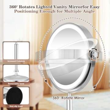 9" Large 5000mAh Rechargeable Lighted Makeup Mirror Nickel, 2-Sided 1X/10X HD Undistorted Magnifying Mirror with 3 Color Lights Dimmable, 360° Swivel Seamless Cordless Travel Vanity Mirror -Detachable