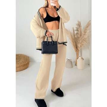 PRETTYGARDEN Women's 2 Piece Outfits Knit Matching Lounge Sets Long Sleeve V Neck Cardigan Sweaters Wide Leg Pants Tracksuits (Beige,XX-Large)