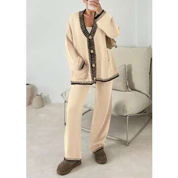 PRETTYGARDEN Women's 2 Piece Outfits Knit Matching Lounge Sets Long Sleeve V Neck Cardigan Sweaters Wide Leg Pants Tracksuits (Beige,XX-Large)