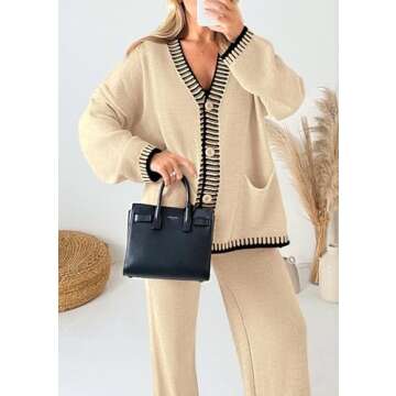 PRETTYGARDEN Women's 2 Piece Outfits Knit Matching Lounge Sets Long Sleeve V Neck Cardigan Sweaters Wide Leg Pants Tracksuits (Beige,XX-Large)