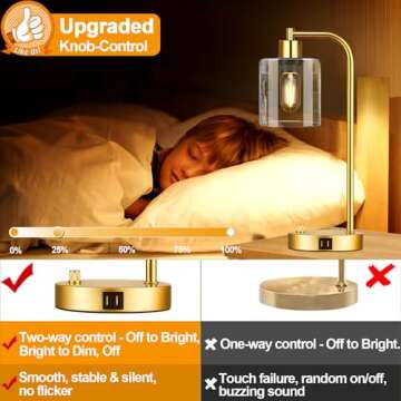 Set of 2 Industrial Table Lamps with 2 USB Port, Gold Fully Stepless Dimmable Bedside Lamps for bedrooms, Nightstand Desk Lamps with Clear Glass Shade for Reading Living Room Office 2 LED Bulb
