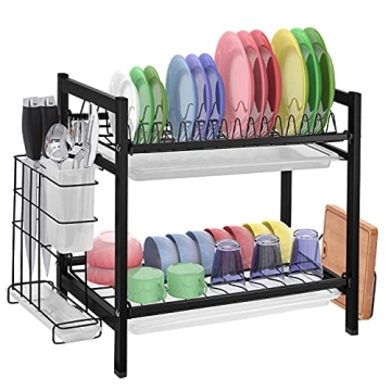 Dish Drying Rack with Drainboard - 2 Tier Dish Rack for Kitchen Counter Stainless Steel Dish Drainer...
