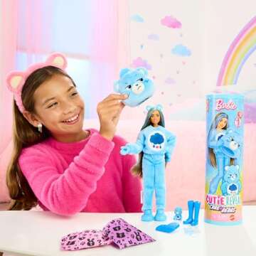 Barbie Cutie Reveal Care Bears Series Doll & Accessories Set with Grumpy Bear Plush Costume & 10 Sur...
