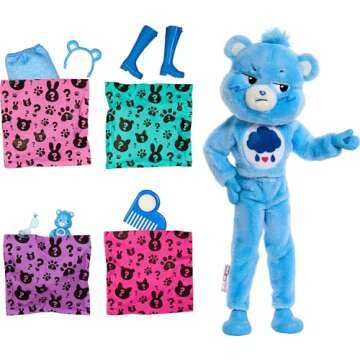 Barbie Cutie Reveal Care Bears Series Doll & Accessories Set with Grumpy Bear Plush Costume & 10 Surprises Including Color Change & Mini Bear