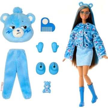 Barbie Cutie Reveal Care Bears Series Doll & Accessories Set with Grumpy Bear Plush Costume & 10 Surprises Including Color Change & Mini Bear