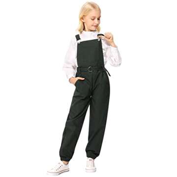 LIONJIE Girls Jumpsuit & Rompers Kids Bib Overalls Denim Long Pants Loose Fit with Pockets & Belt, 7-8Y, Army Green