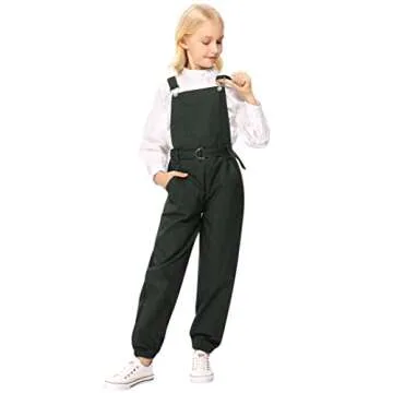 LIONJIE Girls Jumpsuit & Rompers Kids Bib Overalls Denim Long Pants Loose Fit with Pockets & Belt, 7-8Y, Army Green