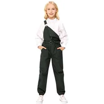 LIONJIE Girls Jumpsuit & Rompers Kids Bib Overalls Denim Long Pants Loose Fit with Pockets & Belt, 7-8Y, Army Green