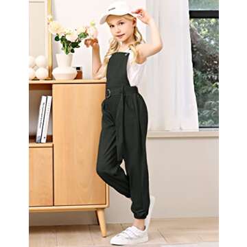 LIONJIE Girls Jumpsuit & Rompers Kids Bib Overalls Denim Long Pants Loose Fit with Pockets & Belt, 7-8Y, Army Green
