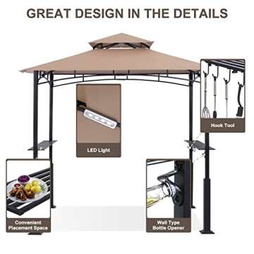 ABCCANOPY 8'x 5' Grill Gazebo Canopy - Outdoor BBQ Gazebo Shelter with LED Light, Patio Canopy Tent for Barbecue and Picnic (Khaki)