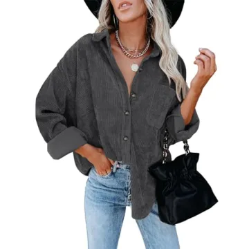 ZOLUCKY Women's Corduroy Shacket Casual Button Down Jacket Shacket Long Sleeve Solid Color Oversized Tops with Pockets, Dark Gray Medium