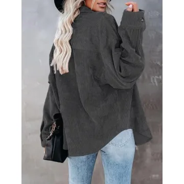 ZOLUCKY Women's Corduroy Shacket Casual Button Down Jacket Shacket Long Sleeve Solid Color Oversized Tops with Pockets, Dark Gray Medium