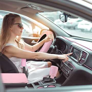 46 Pcs Bling Car Accessories Set for Women Leather Steering Wheel Cover Seat Belt Covers Diamond Rin...