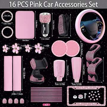 46 Pcs Bling Car Accessories Set for Women Leather Steering Wheel Cover Seat Belt Covers Diamond Rings Sticker Rhinestone Cup Holders USB Adapter Flower Air Vent Clip (Light Pink)