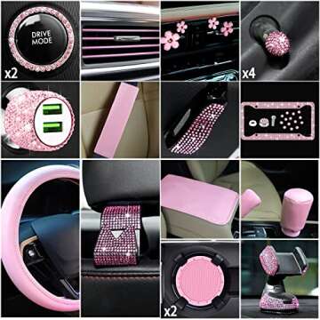 46 Pcs Bling Car Accessories Set for Women Leather Steering Wheel Cover Seat Belt Covers Diamond Rings Sticker Rhinestone Cup Holders USB Adapter Flower Air Vent Clip (Light Pink)