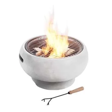 Teamson Home MGO Light Concrete Round Charcoal and Wood Burning Fire Pit for Outdoor Patio Garden Ba...