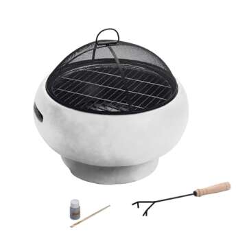 Teamson Home MGO Light Concrete Round Charcoal and Wood Burning Fire Pit for Outdoor Patio Garden Backyard with Spark Screen, Fireplace Poker, Grate, and BBQ Grill, Light Gray