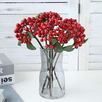 Decpro 6Pcs Artificial Red Berries Twig, 11.8'' Single Stem Faux Holly Berry Plant Branches for Home...