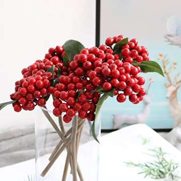 Decpro 6Pcs Artificial Red Berries Twig, 11.8'' Single Stem Faux Holly Berry Plant Branches for Home Office Party Hotel Christmas Tree Decoration, DIY Floral Arrangements, Table Centerpieces, Red