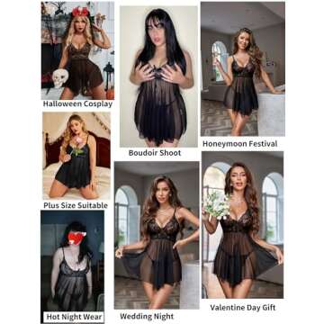 Avidlove Women Babydoll Set Mesh Lingerie Strap Chemise Lace Sleepwear Outfits Black Medium