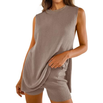 ZESICA Women's Summer Two Piece Sweater Lounge Sets Casual Knit Trendy Tunic and Shorts Outfits Came...