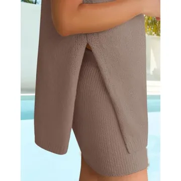 ZESICA Women's Summer Two Piece Sweater Lounge Sets Casual Knit Trendy Tunic and Shorts Outfits Camel L