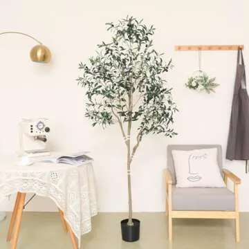 6FT Artificial Olive Tree (72") Tall, Faux Olive Tree Plants with Olive Branche and Fruit, Fake Pott...